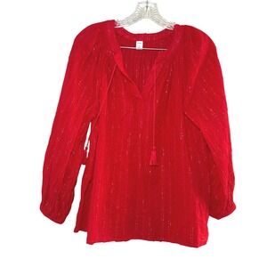 Old Navy Red Glitter Tassel V Neck Long Sleeve Peasant Blouse  Women's S holiday